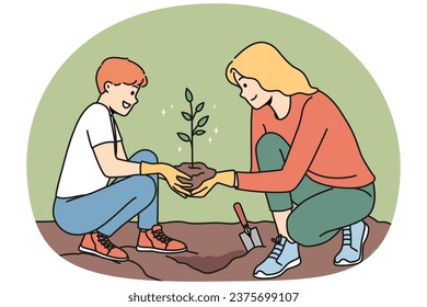 Caring young mother and son planting tree together. Smiling mom and child put seedling in ground care about nature and environment. Vector illustration.