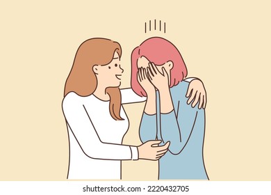 Caring young woman hug comfort unhappy crying friend suffer from life problems. Smiling female embrace caress upset distressed girlfriend. Friendship and support. Vector illustration. 