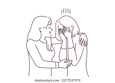 Caring young woman hug comfort unhappy crying friend suffer from life problems. Smiling female embrace caress upset distressed girlfriend. Friendship and support. Vector illustration. 