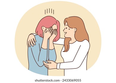 Caring young woman hug comfort unhappy crying friend suffer from life problems. Smiling female embrace caress upset distressed girlfriend. Friendship and support. Vector illustration.