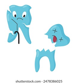 Carious teeth. Numerous sad teeth characters in flat style. Vector illustration on white background.