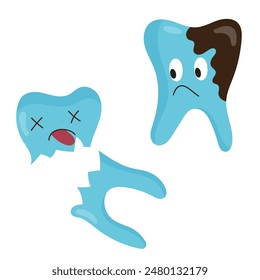 Carious teeth. Numerous sad teeth characters in flat style. Vector illustration on white background.