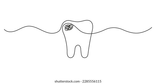 Carious tooth, continuous art line drawing. Dentistry health of teeth. Destruction of integrity of tooth. Single hand drawn outline style. Vector illustration