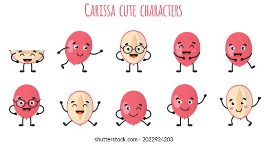 Carissa fruit cute funny cheerful characters with different poses and emotions. Natural vitamin antioxidant detox food collection. Vector cartoon isolated illustration. Children concept.