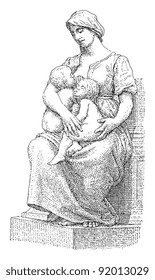 Caritas / sculpture by Paul Dubois / vintage illustration from Meyers Konversations-Lexikon 1897