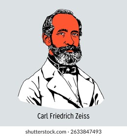 Carl Friedrich Zeiss foi um engenheiro alemão e fabricante de óptica, fundador da fábrica de sistemas ópticos Zeiss. Ilustração vetorial desenhada à mão