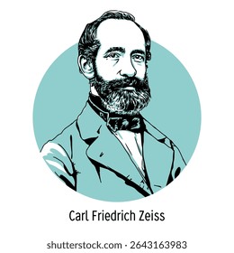 Carl Friedrich Zeiss foi um engenheiro alemão e fabricante de óptica, fundador da fábrica de sistemas ópticos Zeiss. Ilustração vetorial desenhada à mão