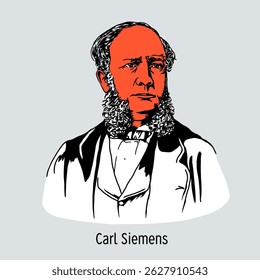 Carl Wilhelm Siemens was a German and British mechanical engineer, inventor and industrialist. Hand drawn vector illustration
