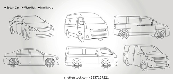 Carline drawings vector set of bus, sedan, minibus, micro, mini micro hand drawn car