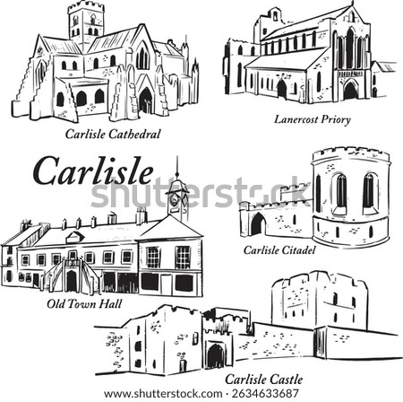 Carlisle landmarks ink illustrations set: Cathedral, Lanercost Priory, Old Town Hall, Citadel, Castle. England famous tourist attractions sketches group. European architectural sites vector drawings. 