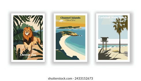 Carlsbad State Beach, California. Channel Islands, National Park - Set of 3 Vintage Travel Posters. Vector illustration. High Quality Prints