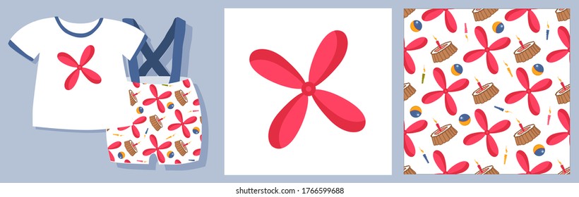 Carlson pattern. Children's toys. Set for textile design and packaging design. propeller vector illustration.