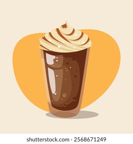 Carmel macchiato, coffee with cream in a glass cup, sweet delicious coffee, vector illustration.