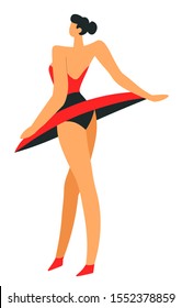 Carmen ballet dancer in red tutu skirt during performance. Catwalk model walking on podium and posing in short high fashion dress, back view. Woman at high fashion show. Isolated vector illustration.