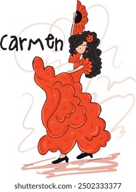 
Carmen dancing flamenco in red dress, black hair, holding a fan