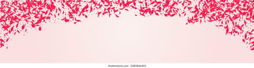 Carmine Blossom Vector Pink Panoramic Background. Japanese Lotus Poster. Scarlet Floral Fly Texture. Red Japan Petal Cover.