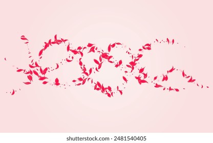Carmine Floral Vector Pink Background. Japanese Cherry Frame. Coral Rose Tender Wallpaper. Red Flying Blossom Backdrop.