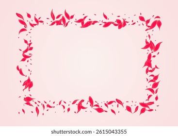 Carmine Flower Vector Pink Background. Japan Blossom Wallpaper. Red Lotus Flying Banner. Coral Tender Cherry Illustration.