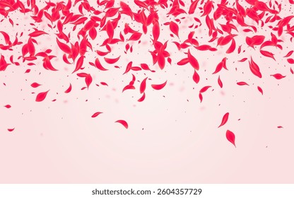 Carmine Rose Vector Pink Background. Blur Blossom Design. Scarlet Cherry Tender Illustration. Red Japanese Peach Poster.