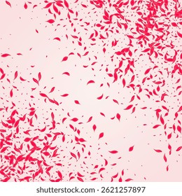 Carmine Sakura Vector Pink Background. Flying Peach Frame. Red Blossom Blur Template. Scarlet Falling Flower Poster.
