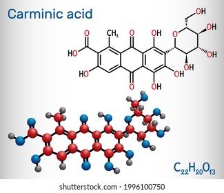 Molécula de ácido carmínico. Es с materia colorante, hidroxiantrarpuriina glucosidal roja. Se utiliza en alimentos, productos farmacéuticos. Fórmula química estructural y modelo molécula. Ilustración del vector