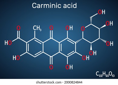 Carminic acid molecule. It is сoloring matter, red glucosidal hydroxyanthrapurin. It is used in foods, pharmaceuticals. Structural chemical formula on the dark blue background. Vector illustration