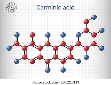 Carminic acid molecule. It is сoloring matter, red glucosidal hydroxyanthrapurin. It is used in foods, pharmaceuticals. Sheet of paper in a cage. Vector illustration