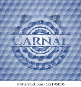 Carnal blue badge with geometric background.