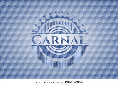 Carnal blue badge with geometric pattern.