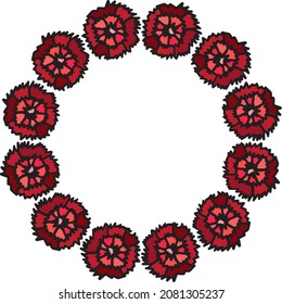 Flor aromática de clavel rodeada de vectores redondos. Aroma flor roja bud decoración pétalo celebraciones o ceremonias. Florist botánico ramo ornamentación dibujos de dibujos animados planos