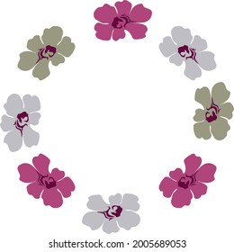 Carnation buds arranged in a circle, floral frame, vector illustration, multicolored flowers: lilac, blue, herbal