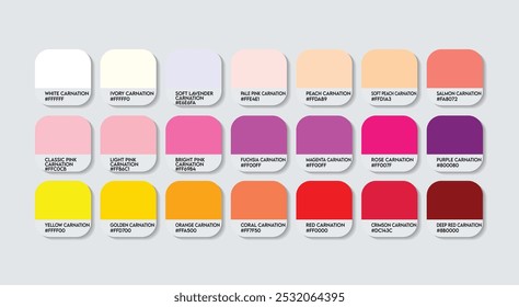 Carnation Color Palette, Carnation Color Guide Palette with Color Names. Catalog Samples of paints with RGB HEX codes. paint, natural Carnation variations, and a Fashion Trend Carnation Flower color