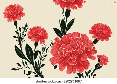 Carnation Engraving Flowers  Retro Design, Old Paper Texture, HandMade Gift Card Invitation