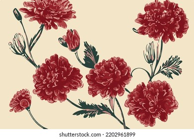 Carnation Engraving Flowers  Retro Design, Old Paper Texture, HandMade Gift Card Invitation