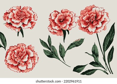 Carnation Engraving Flowers  Retro Design, Old Paper Texture, HandMade Gift Card Invitation