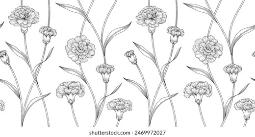 Carnation floral pattern black and white illustration