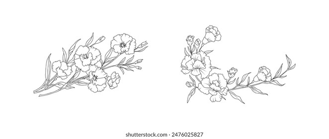 Carnation flower arrangement line art on white background. Silhouette botanical hand drawn element for wedding, invitation frame design, vector illustration