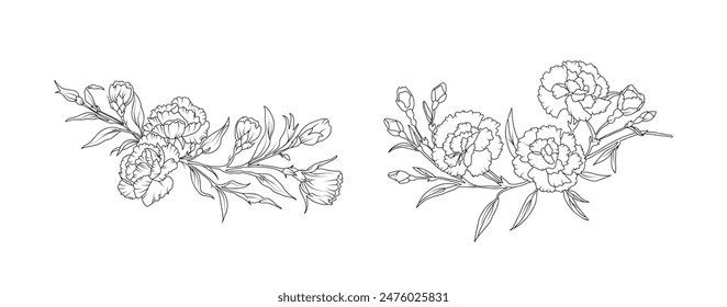 Carnation flower arrangement line art on white background. Silhouette botanical hand drawn element for wedding, invitation frame design, vector illustration