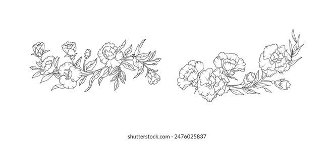 Carnation flower arrangement line art on white background. Silhouette botanical hand drawn element for wedding, invitation frame design, vector illustration