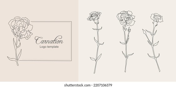 Carnation flower botanical and floral logo template. Hand drawn trendy continuous line art for tattoo, wall art, branding, packaging and labeling design. Monochrome vector art illustration.