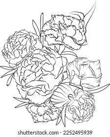 Carnation flower drawing, a branch of the botanical spring collection, ink illustration vector art of gillyflower bouquet, hand-drawn artistically, Zentangle tattoo, easy flower coloring pages.