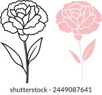 Carnation flower icon in color and outline versions for coloring book