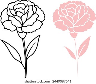 Carnation flower icon in color and outline versions for coloring book