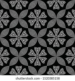 Carnation flower seamless pattern. Black and white repeated tile of blossom flower in trellis. Delicate mosaic dotted flower shape. Vector illustration.