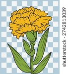Carnation flower vector illustration with soft ruffled petals and organic leaf detail in bold outline style. Flat vibrant color isolated on white background. Ideal for Mother’s Day themes, romantic prints, and decorative floral compositions.