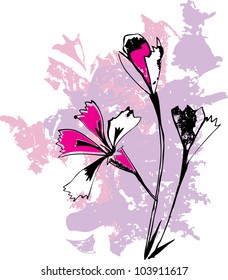 Carnation flowers. Black ink drawing with pink background.