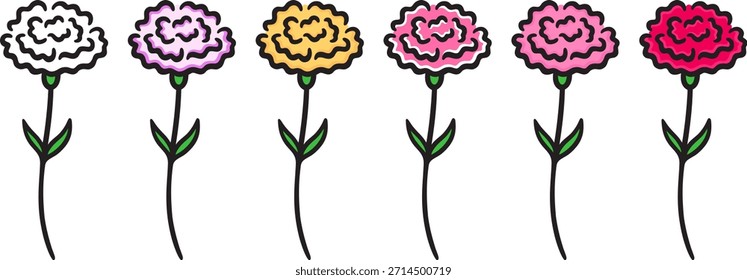 Conjunto de colores de flores de clavel. Arte dibujado a mano simple, dibujo de contorno negro, Ilustración vectorial.