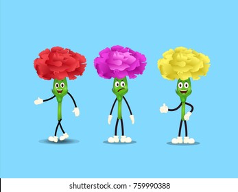 Carnation Flowers with Expressions- Cartoon Vector Image