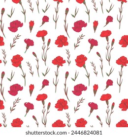 Carnation, flowers and leaves seamless pattern, vector sketch illustration, hand drawn, black outline
