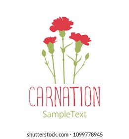 Carnation flowers. Logo design. Text hand drawn. Isolated on white background